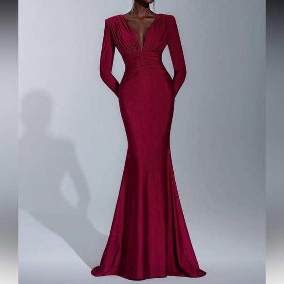 Elegant Burgundy Deep V Neck Long Sleeve StretchyDress